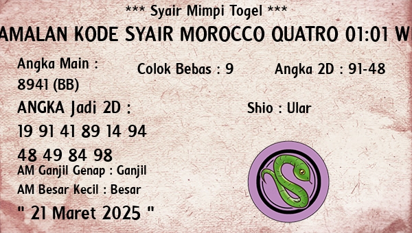 Prediksi Morocco Quatro 01:01 WIB